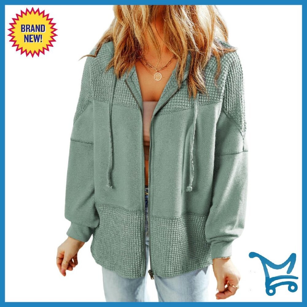 Waffle Knit Zip Hoodie Women's Fall Casual Jacket Drawstring Loose Fit